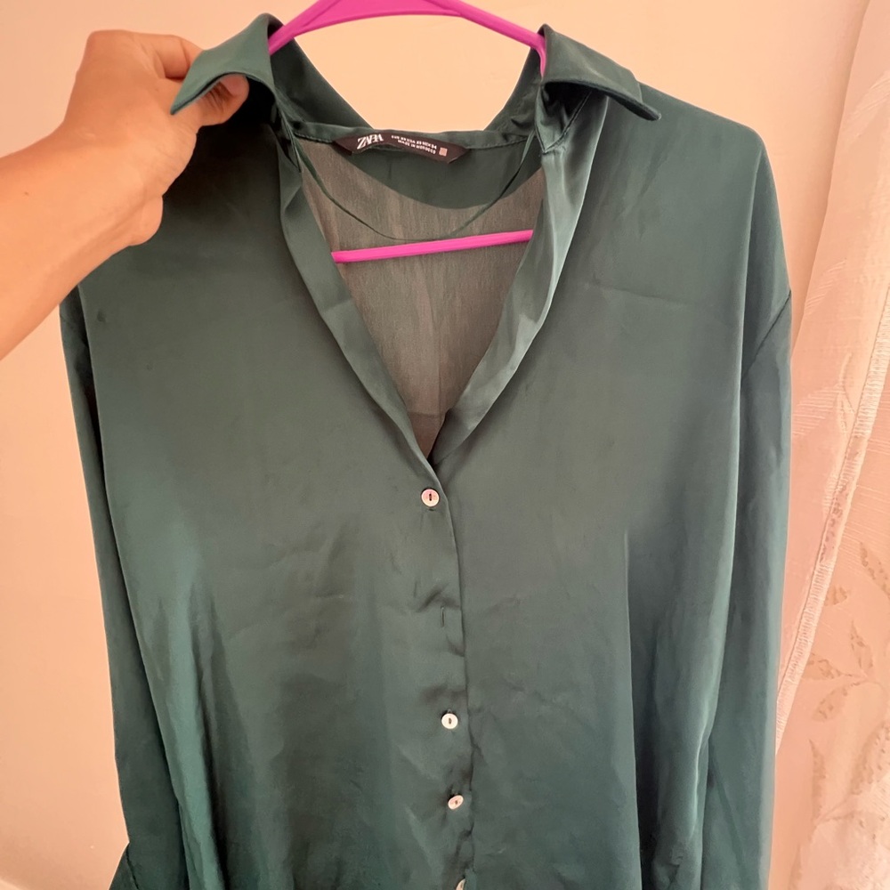 Zara Green Button Down Shirt with Notched Collar